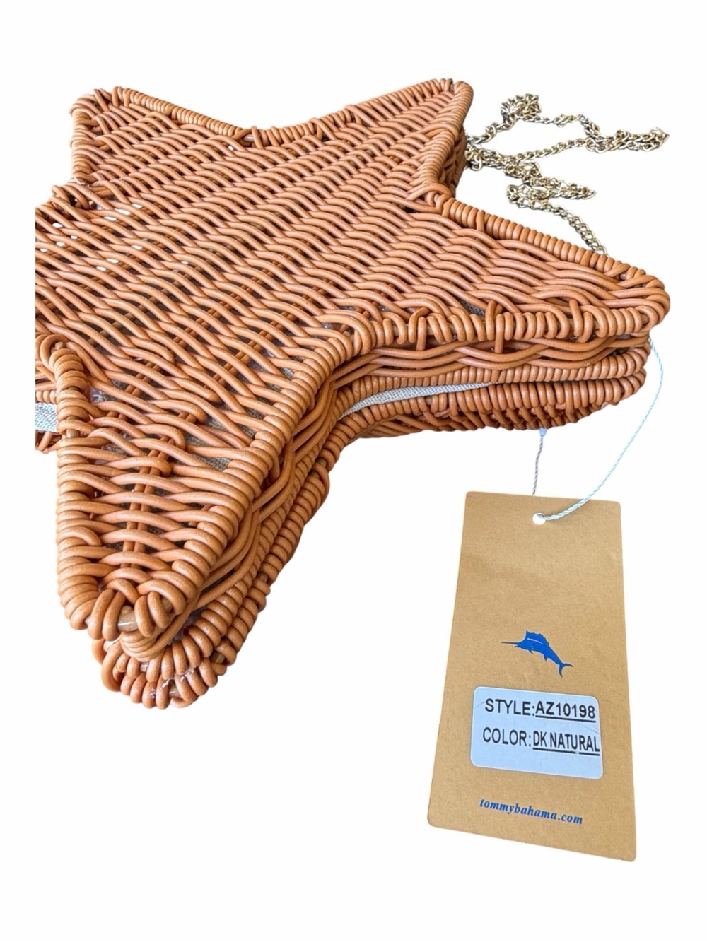 TOMMY BAHAMA Tan STARFISH Clutch Bag Natural Woven Gold Chain Strap NWT - Picture 7 of 9